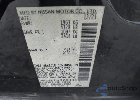 2022 Nissan Altima Sv Fwd z USA, uszkodzony, nr VIN 1N4BL4DV7NN320445